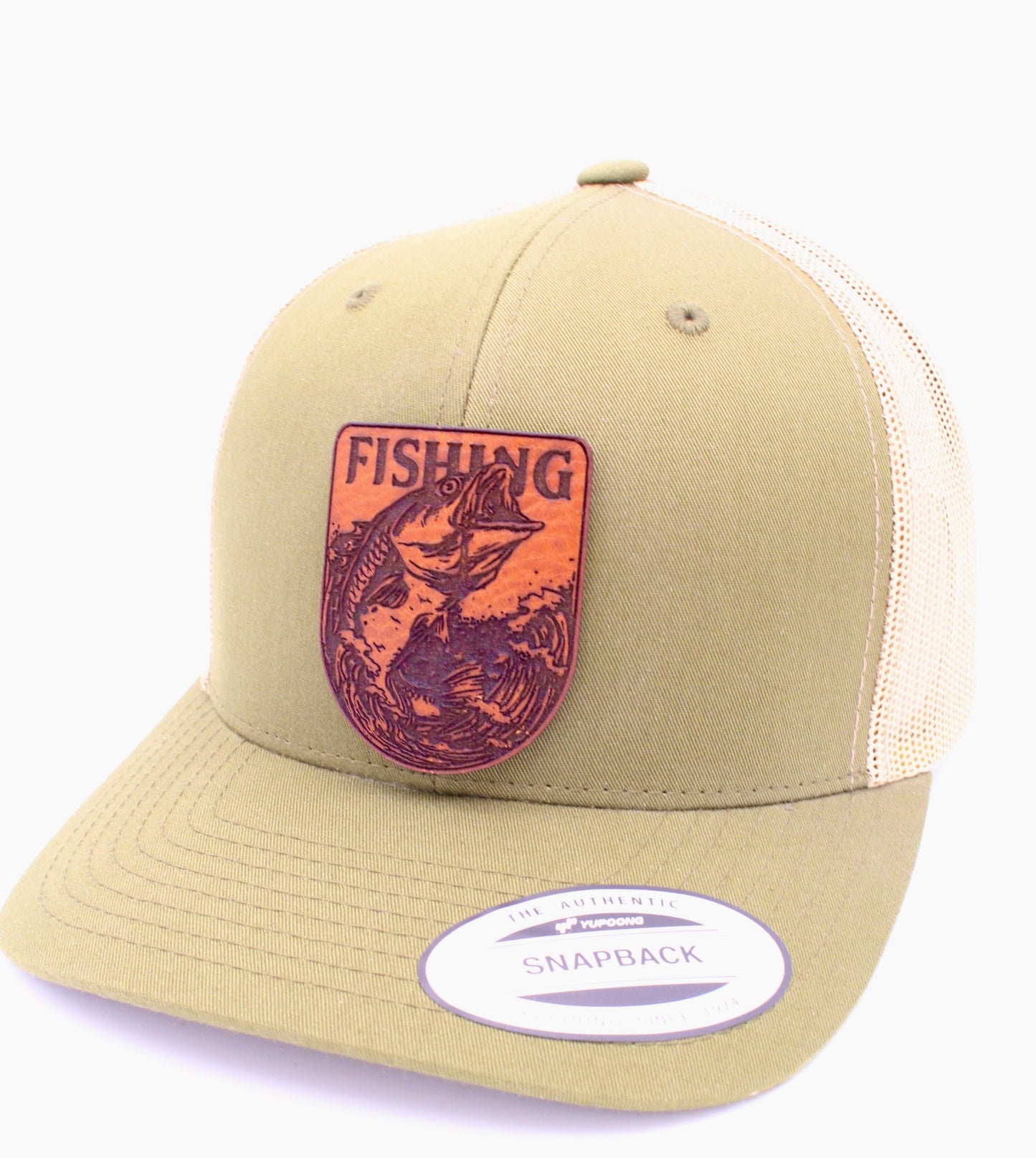 Fishing Hat | Leather Patch Trucker Hat | Outdoors Art Trucker Hat