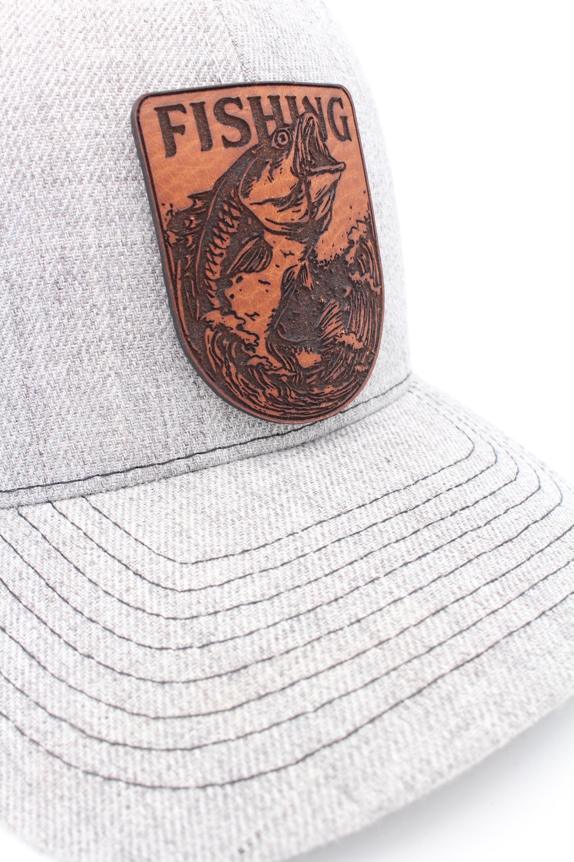 Leather Patch Trucker Style Hat - Fish Stamp Charcoal / Cafe / Fish