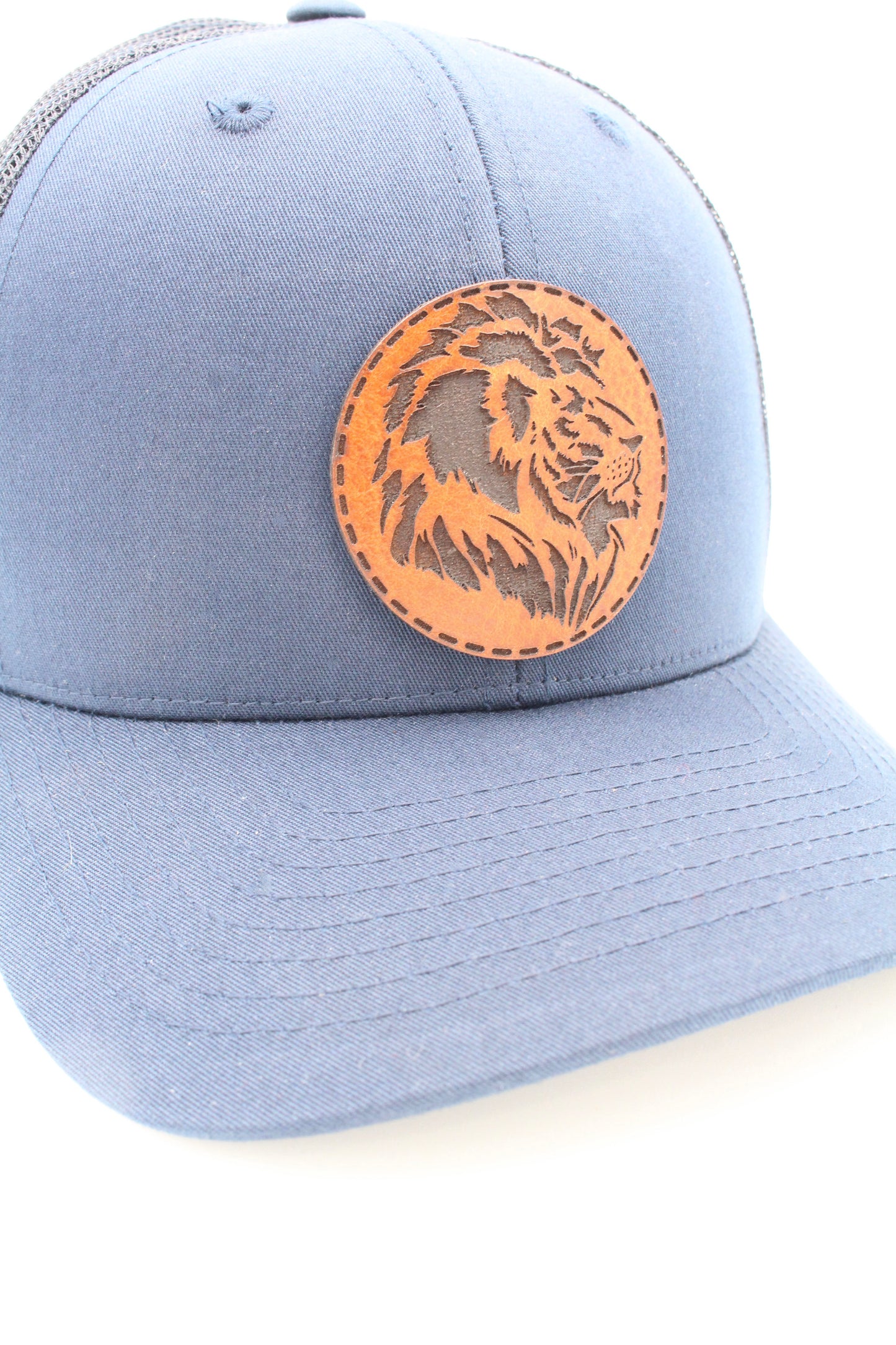 Lion Hat | Leather Patch Trucker Hat | Jungle Art Trucker Hat