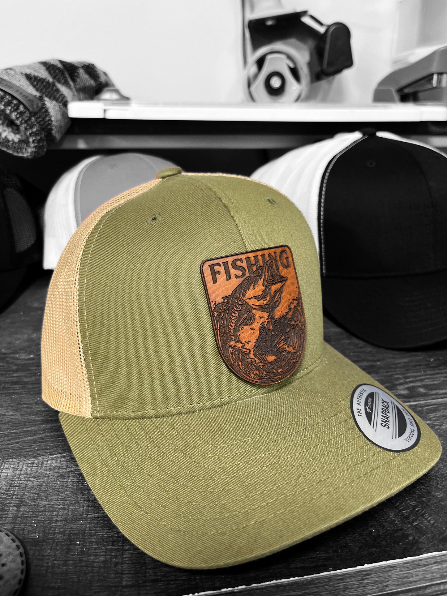 Fishing Hat | Leather Patch Trucker Hat | Outdoors Art Trucker Hat